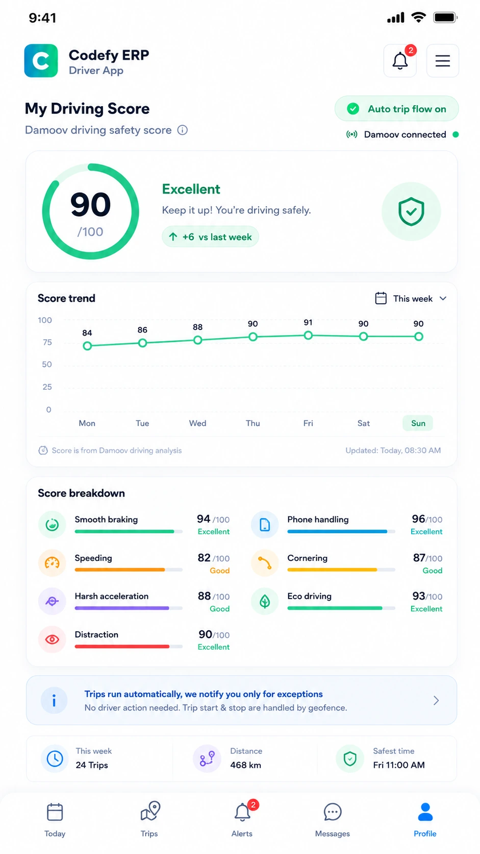 Codefy ERP driver app route dashboard screenshot