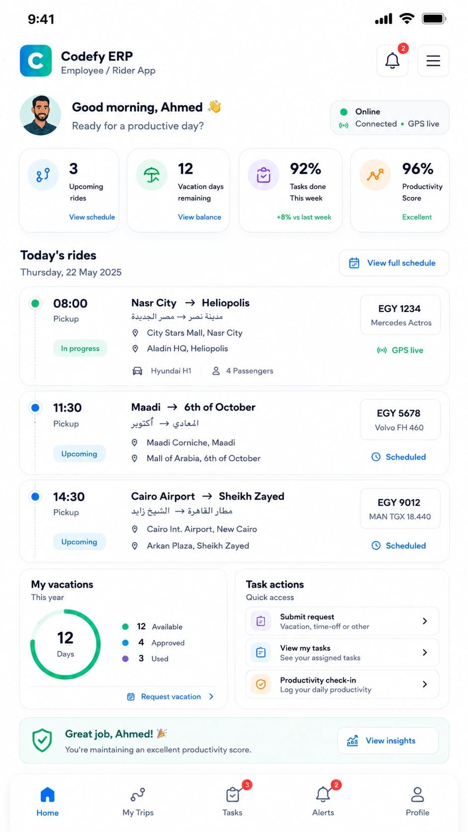 Codefy ERP employee app home screen.