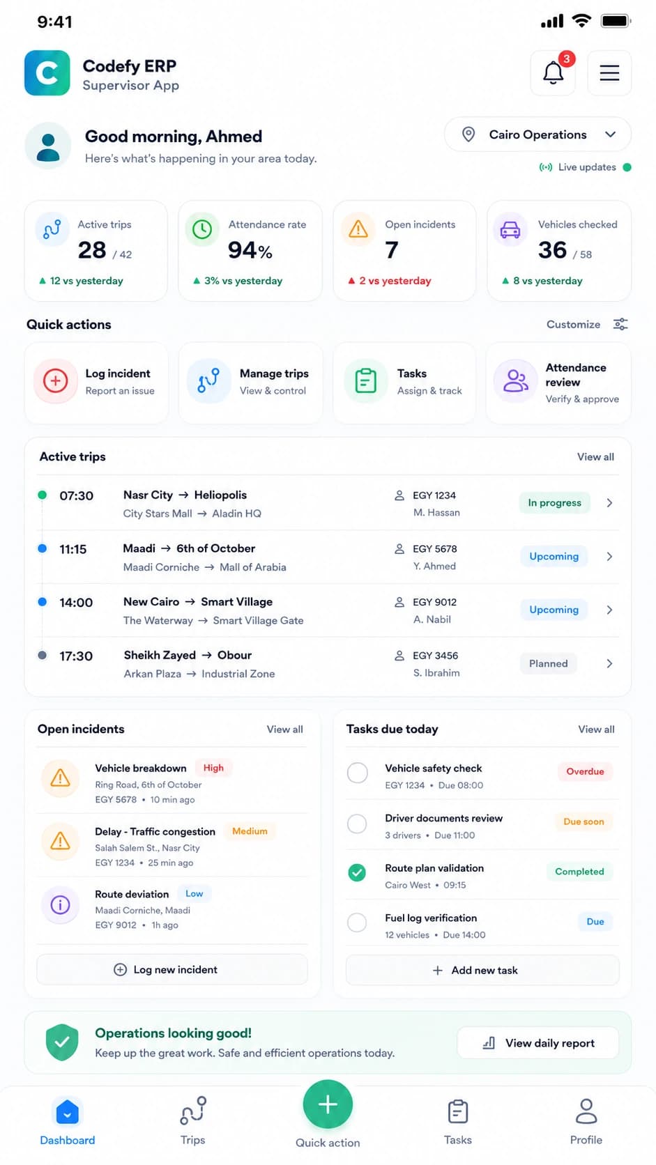 Codefy ERP supervisor app trip actions.