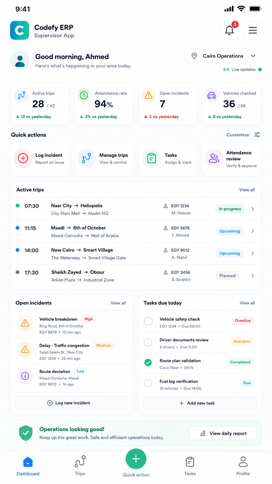 Codefy ERP supervisor app trip actions screenshot