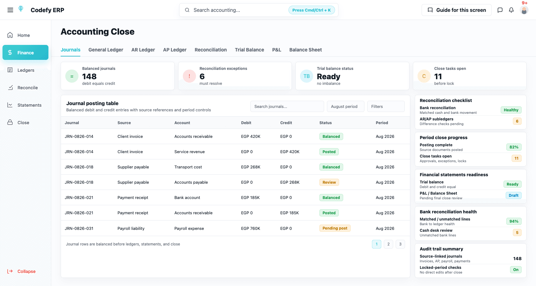 Codefy ERP accounting control workspace for chart of accounts, ledgers, journals, reconciliation health, statements, and period close.