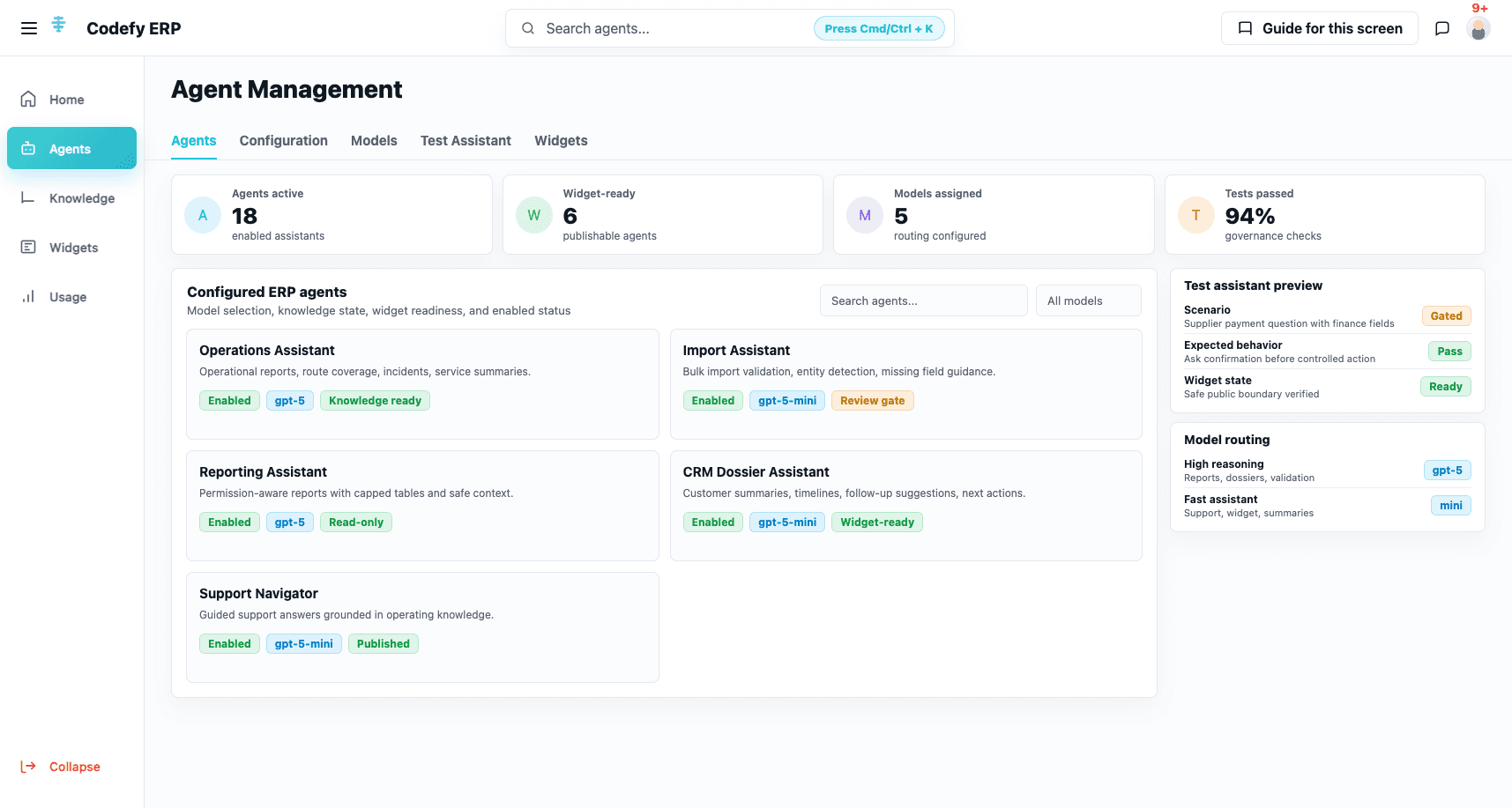 Codefy ERP AI agent management workspace.