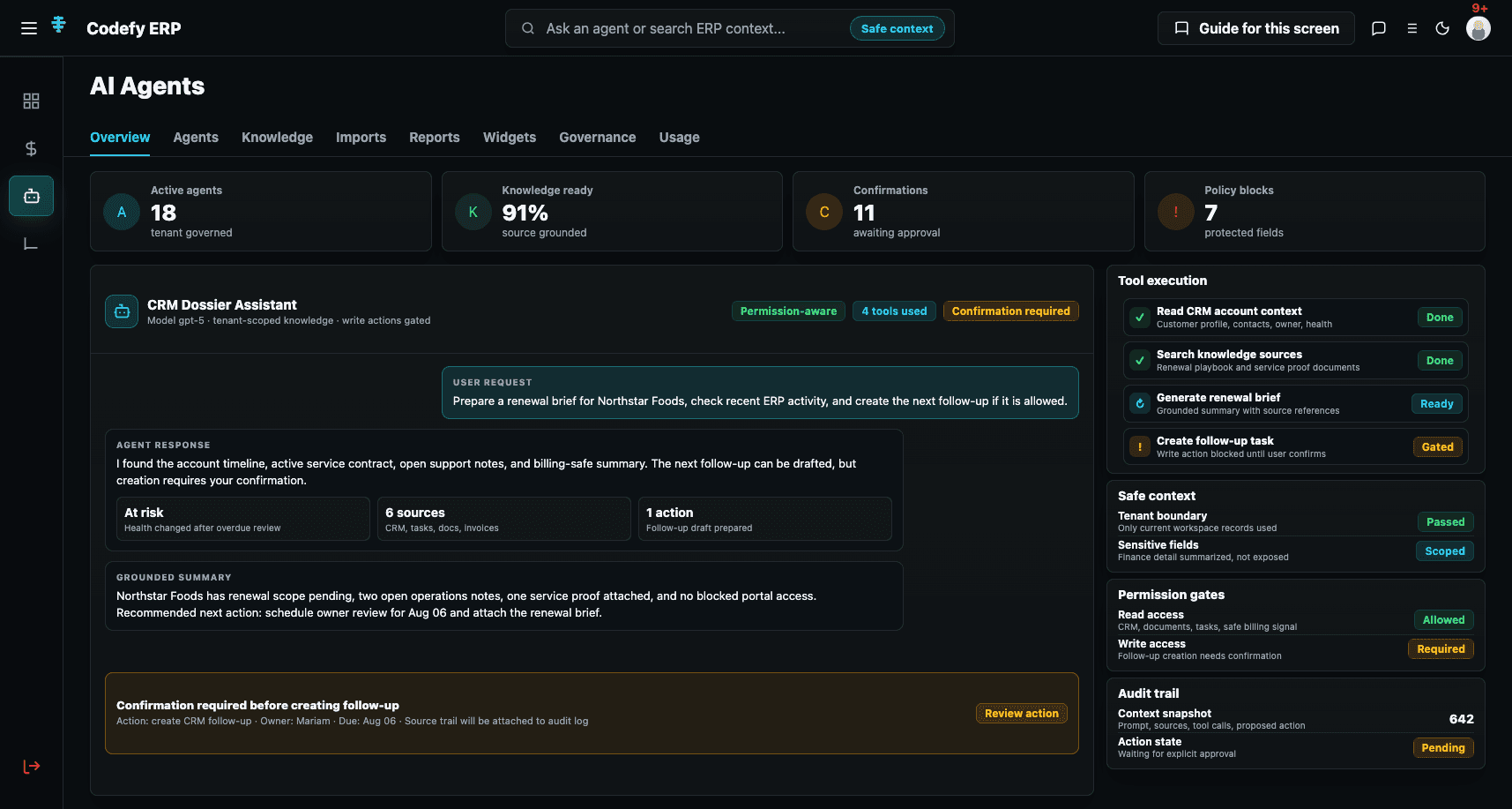 Codefy ERP AI agents command center showing agents, knowledge sources, import validation, reporting, usage, and governance panels.