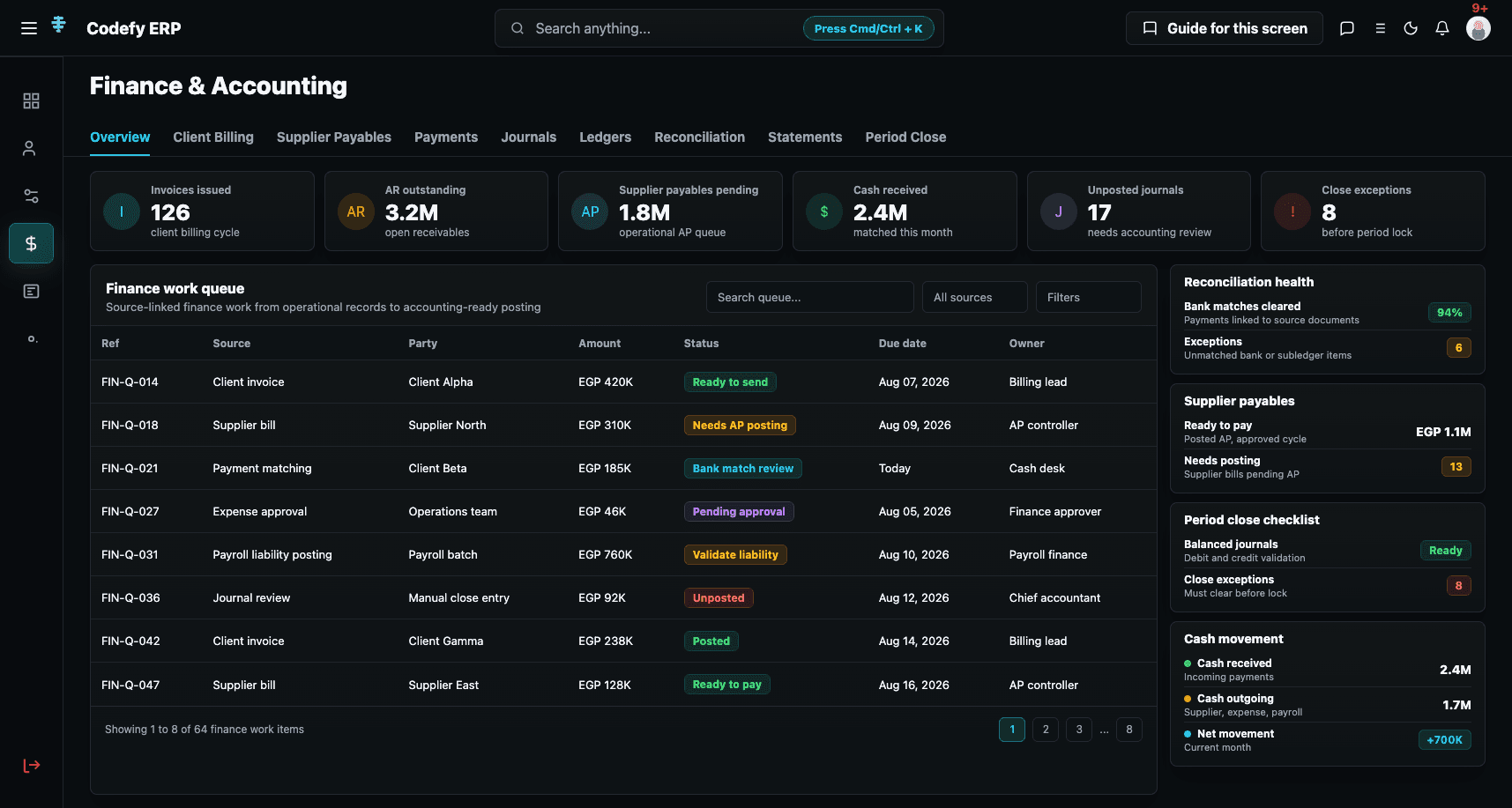 Codefy ERP finance command center for invoices, payments, cash, AR, AP, journals, ledgers, reconciliation, financial statements, and period close.