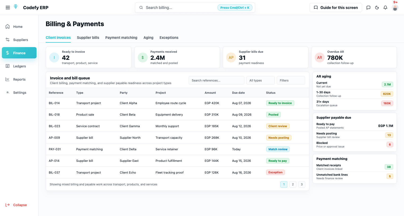 Codefy ERP finance and billing workspace.