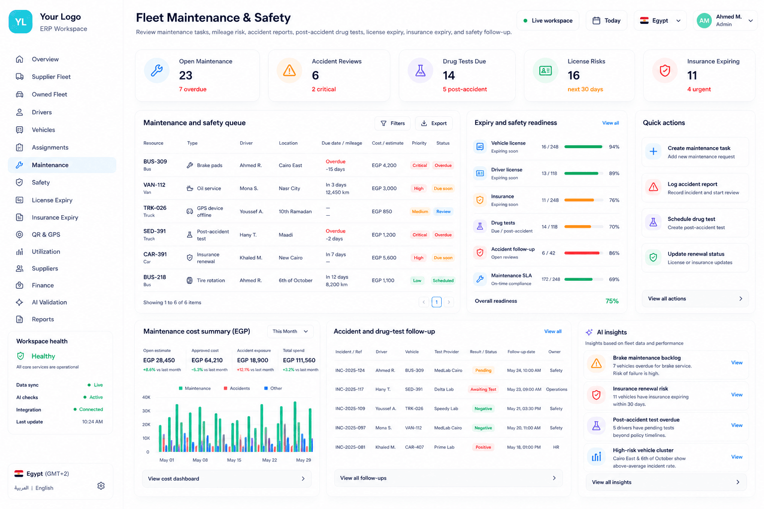 Codefy ERP fleet maintenance and safety workspace for owned fleet readiness, accidents, drug tests, and expiry review.