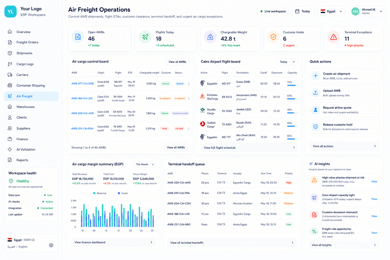 Codefy ERP air freight operations workspace for AWB shipments, flight ETAs, chargeable weight, customs clearance, terminal handoff, and urgent exceptions.