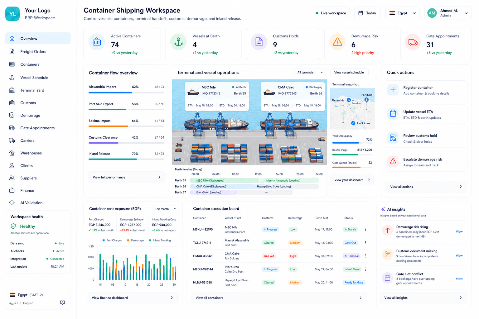 Codefy ERP container shipping workspace for vessels, containers, terminal yard activity, customs holds, demurrage risk, and gate appointments.