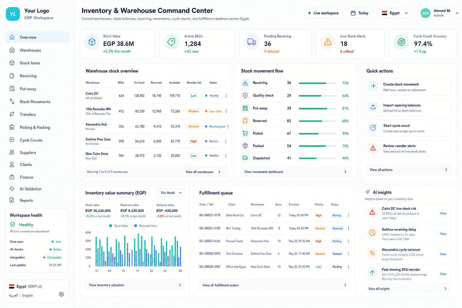 Codefy ERP warehouse and inventory command center for stock balances and movement history.