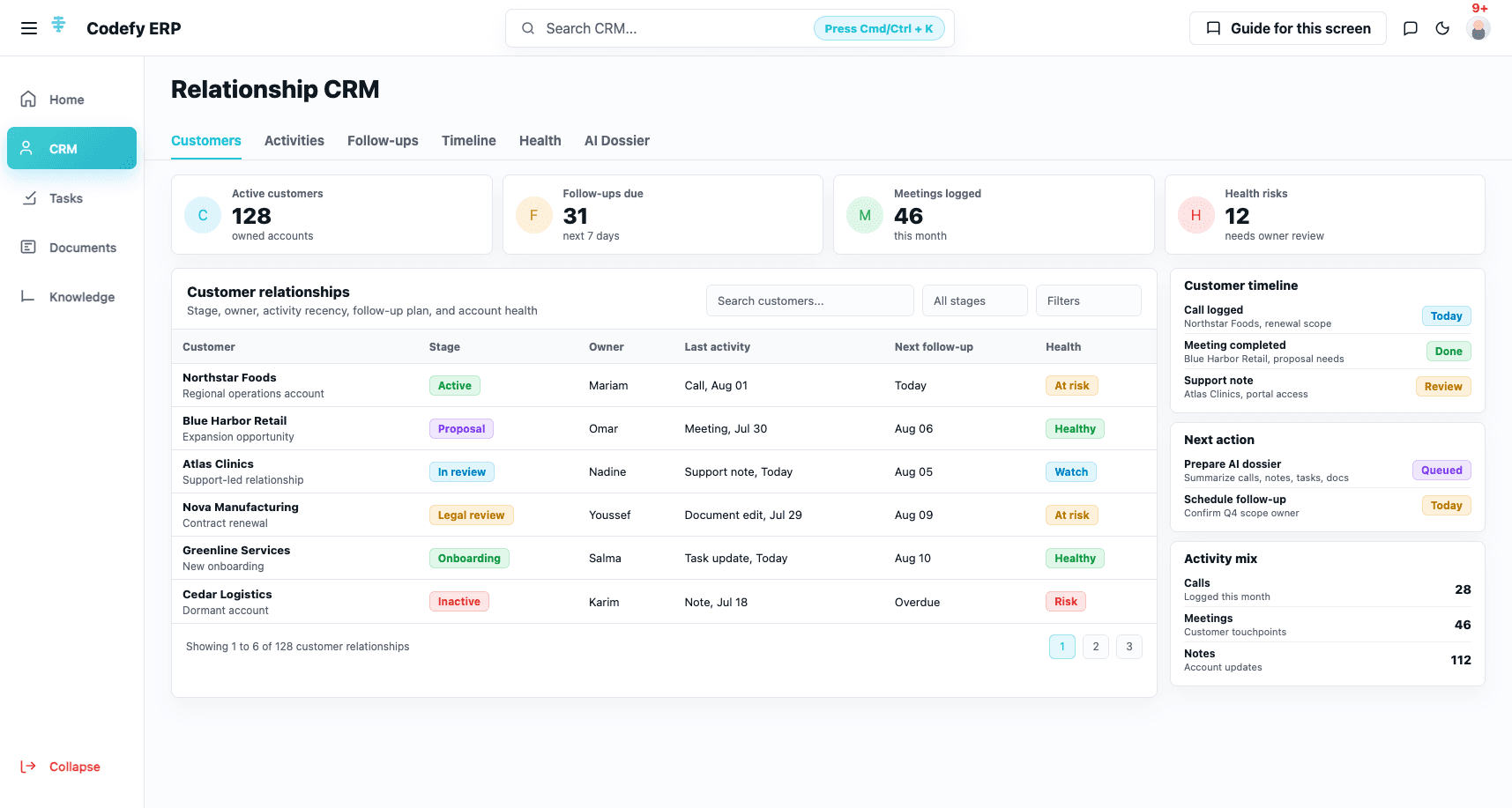 Codefy ERP productivity and CRM workspace.