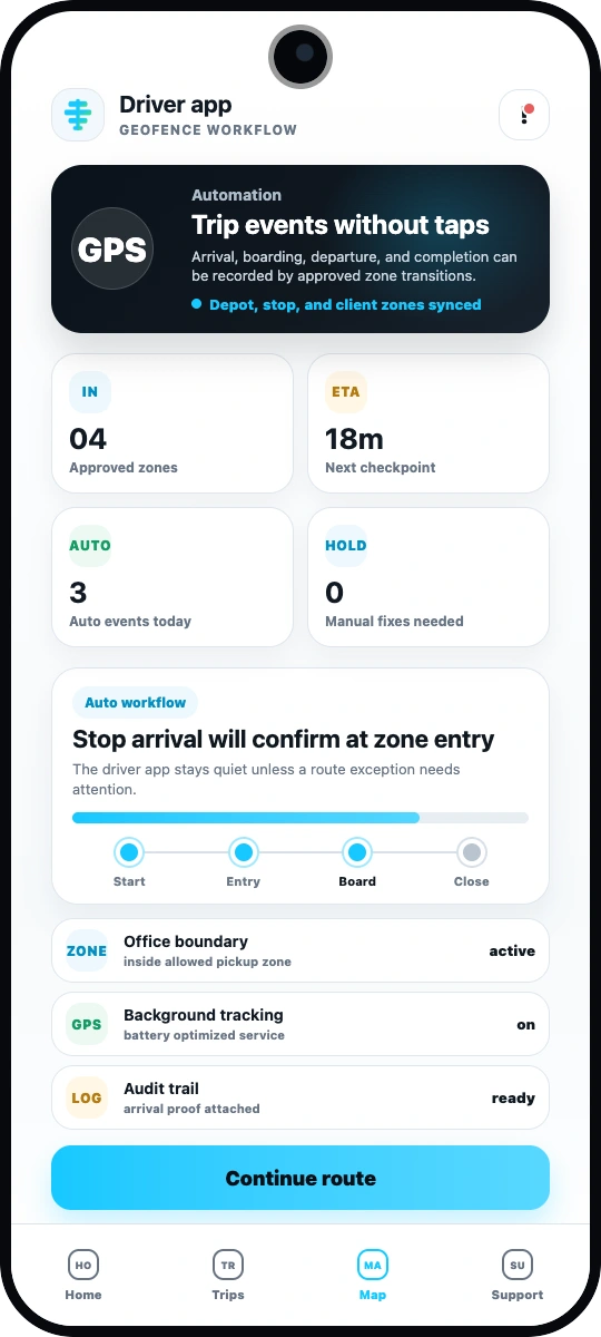 Codefy ERP driver app geofence workflow screenshot
