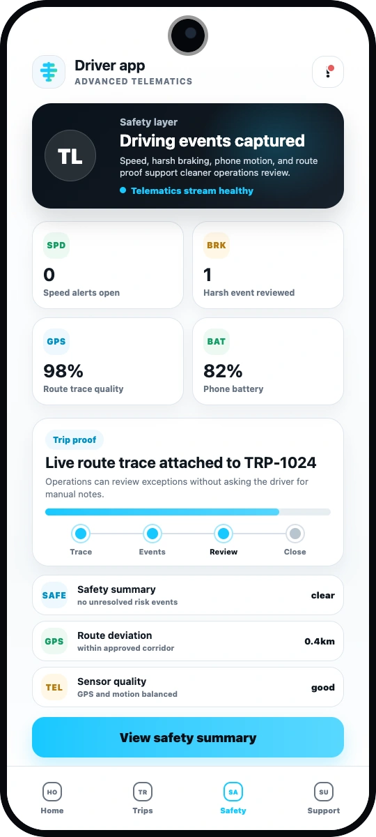 Codefy ERP driver app telematics screenshot