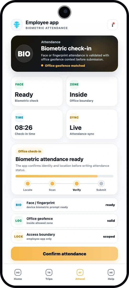 Codefy ERP employee app biometric attendance screenshot