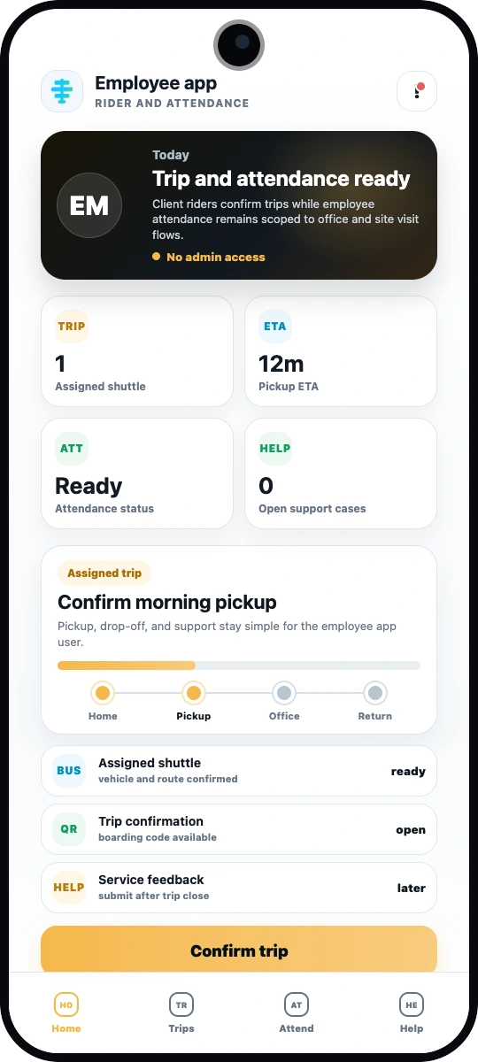 Codefy ERP employee mobile app home screen for passenger trips.