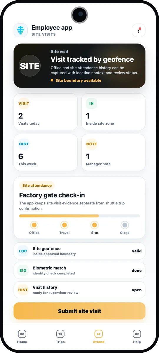Codefy ERP employee app site visit screenshot