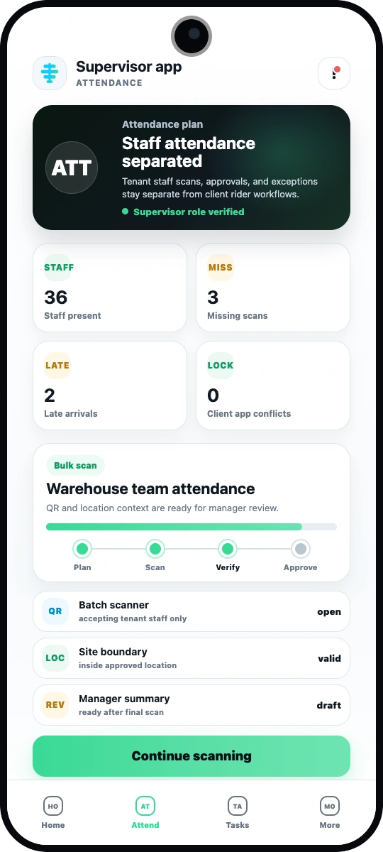 Codefy ERP staff mobile attendance screen for office and site visit attendance validation.