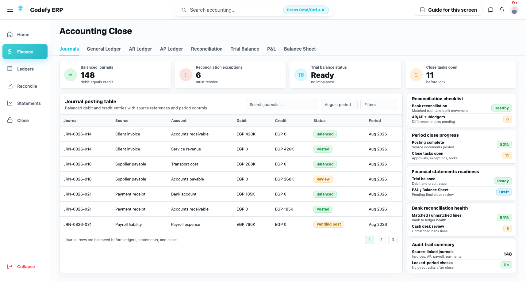 Codefy ERP accounting control workspace for chart of accounts, ledgers, journals, reconciliation health, statements, and period close.