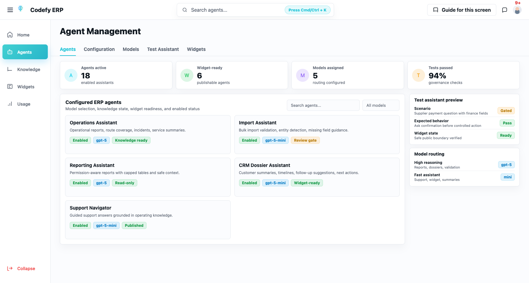 Codefy ERP AI agent command center with assistants, knowledge, imports, reporting, widget publishing, usage, and governance panels.