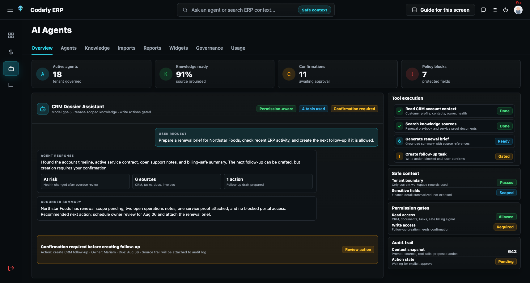 Codefy ERP AI agents command center showing agents, knowledge sources, import validation, reporting, usage, and governance panels.