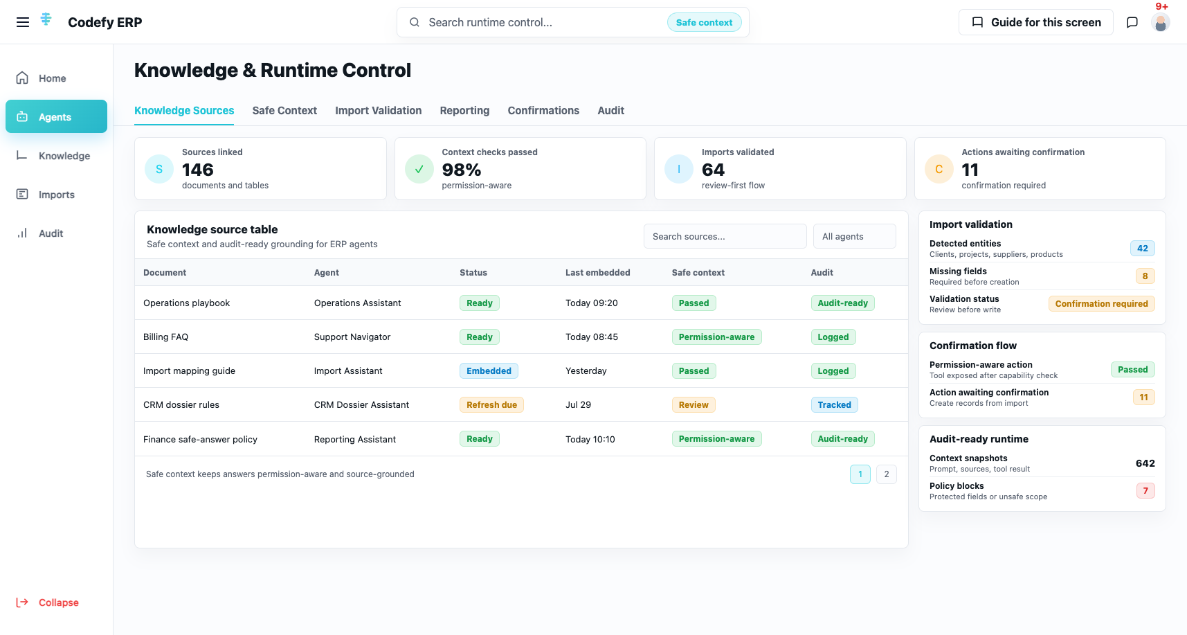 Codefy ERP AI runtime control screen showing knowledge sources, safe context, import validation, report generation, confirmations, and audit state.