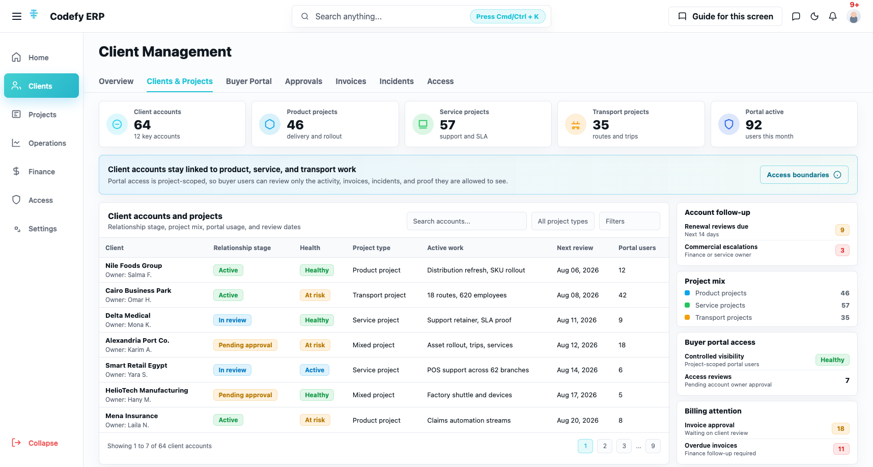 Codefy ERP client and project command center showing client accounts, project scope, portal access, service review, incidents, and invoices.