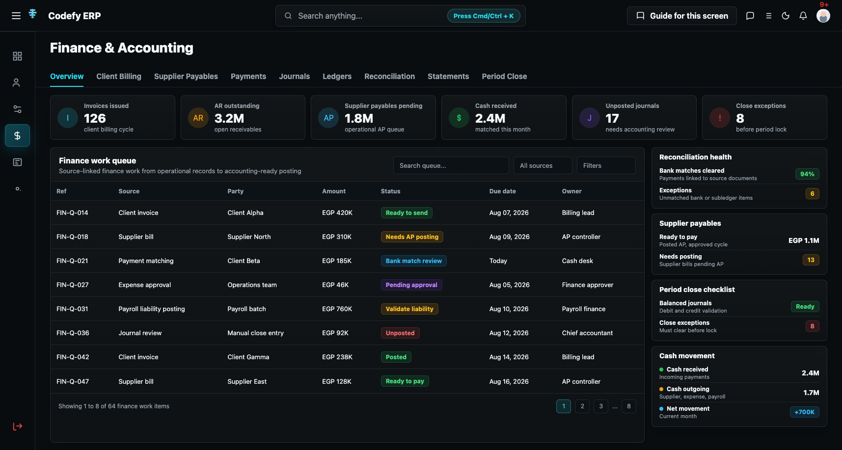 Codefy ERP finance command center for invoices, payments, cash, AR, AP, journals, ledgers, reconciliation, financial statements, and period close.