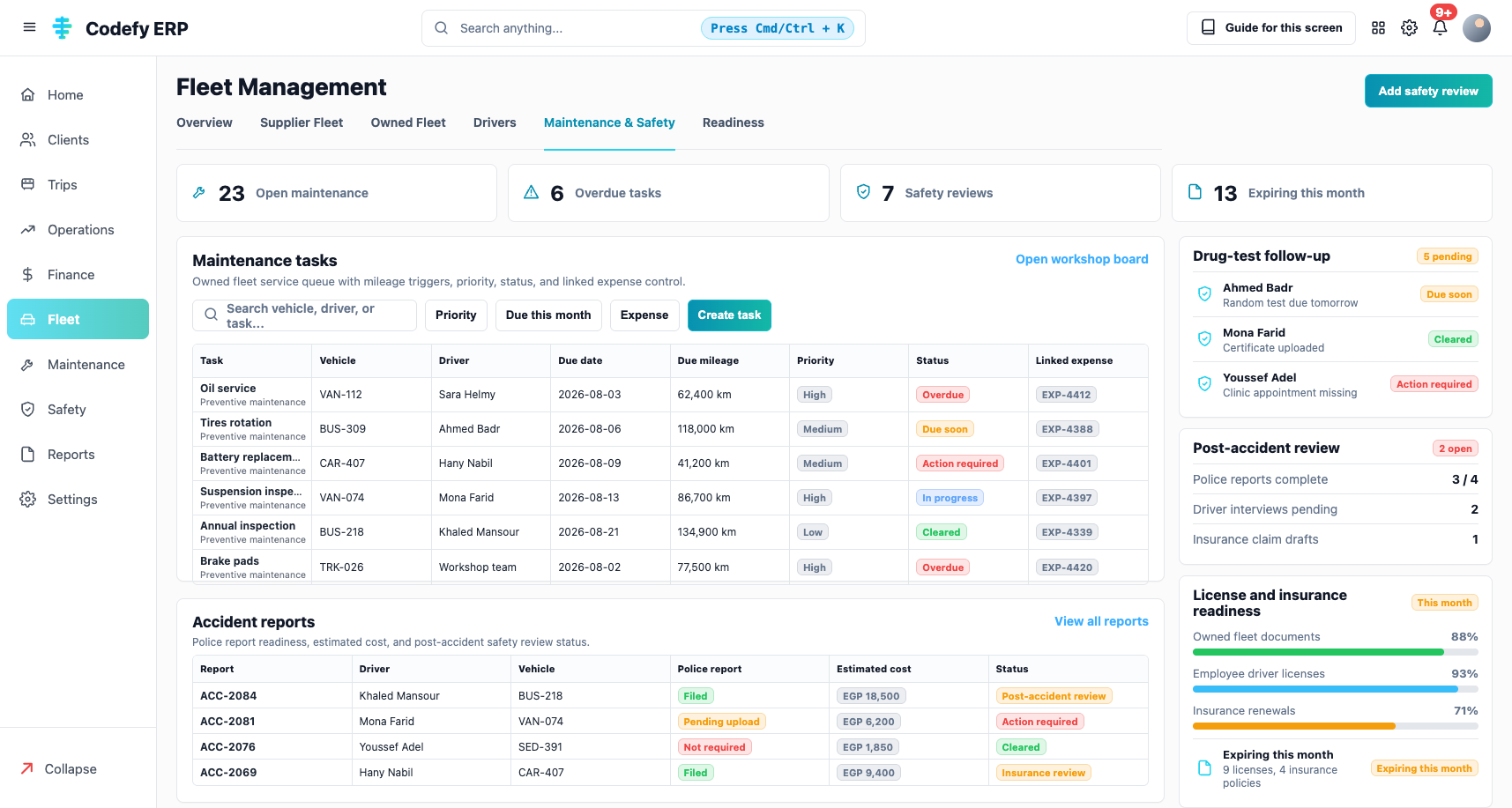Codefy ERP fleet maintenance and safety workspace for owned fleet readiness, accidents, drug tests, and expiry review.
