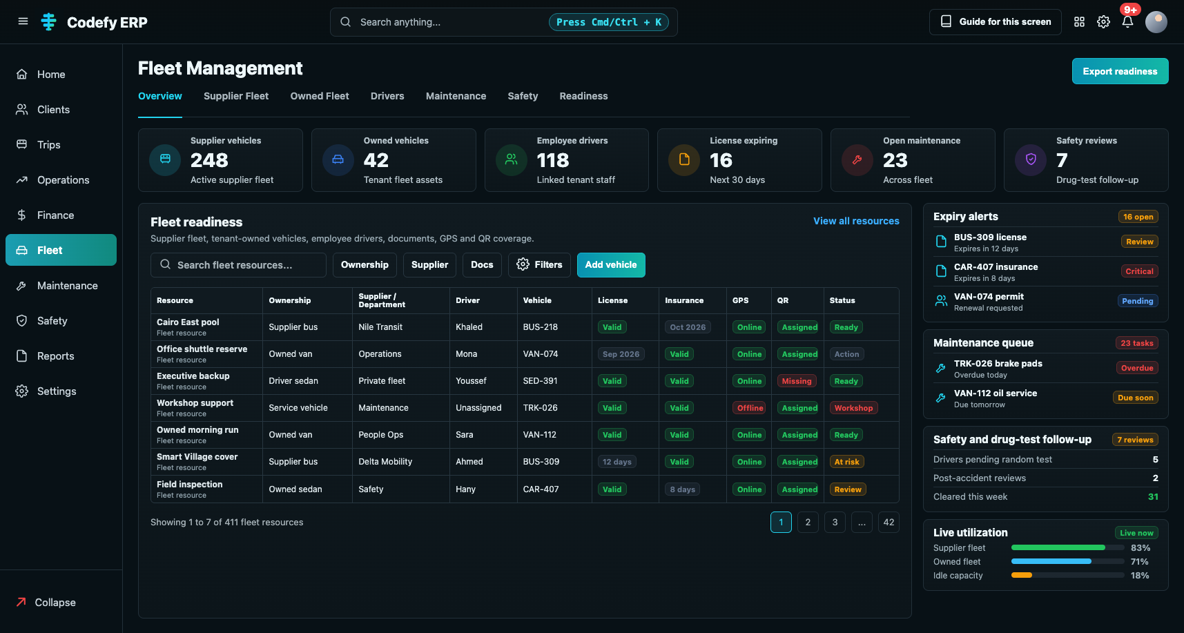 Codefy ERP fleet management command center for supplier fleets, owned vehicles, driver readiness, maintenance, safety, and utilization.