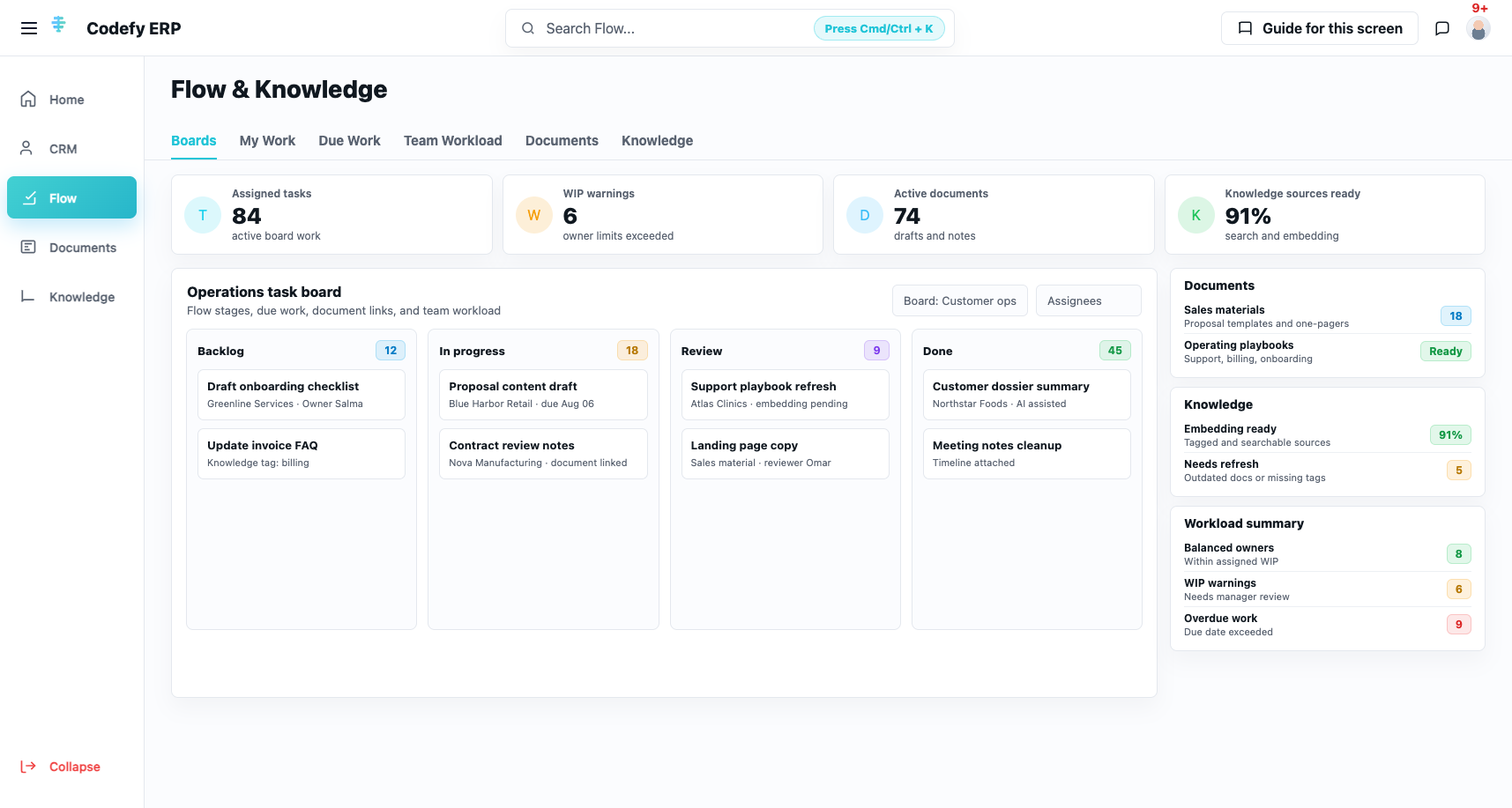 Codefy ERP relationship and work execution screen showing customer activity, tasks, documents, knowledge, and AI next actions.
