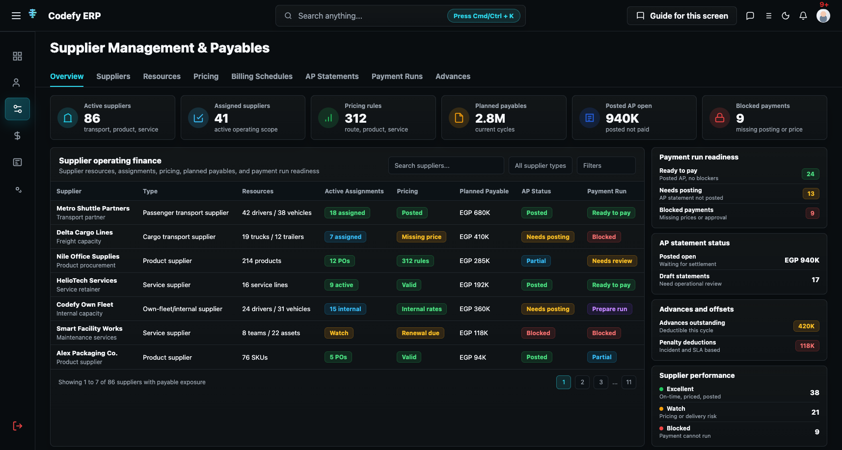 Codefy ERP supplier management and payables workspace for supplier profiles, resources, pricing, AP statements, advances, offsets, payment runs, and performance.